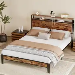 Walmart Behost Twin Bed Frame with Wooden Storage Headboard, Power Outlets Metal Beds, Vintage Brown offer