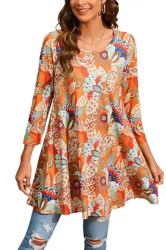 Walmart ENMAIN Women 3/4 Sleeve Tunic Tops Plus Size Shirts Orange Paisley Blouses Casual Loose T-Shirts 2XL offer