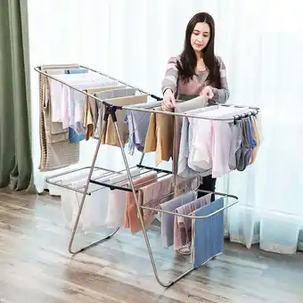 Walmart Clothes Drying Rack Foldable with Height-Adjustable Wings 33 Drying Rails Sock Clips Silver and Blue offer