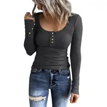 Walmart KDFJPTH Women Long Sleeve Henley T Shirts Button Down Slim Fit Tops Scoop Neck Ribbed Knit Shirts offer