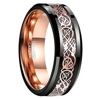 Walmart 8mm Mens Black and Rose Gold Tungsten Ring Celtic Dragon Wedding Bands Beveled Edge Size 5-15 offer