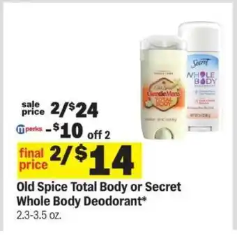 Meijer Old Spice Total Body or Secret Whole Body Deodorant offer