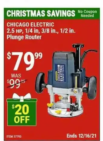 Harbor Freight Tools Chicago Electric 2.5 Hp 1 4 In 3 8 In 1 2 In Plunge Router offer