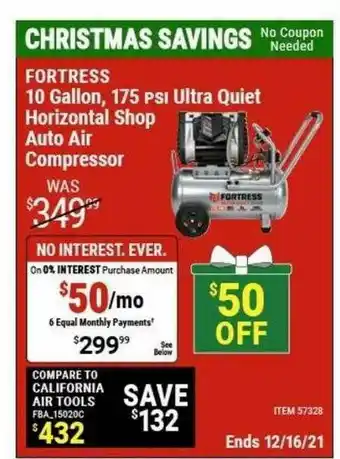 Harbor Freight Tools Fortress 10 Gallon 175psi Ultra Quiet Horizontal Shop Auto Air Compressor offer