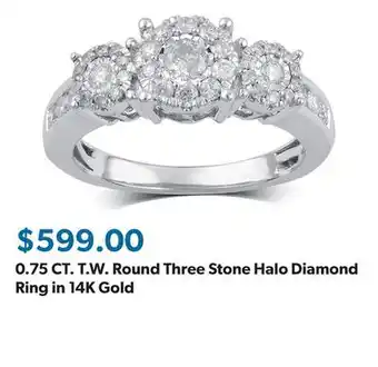 Sam's Club 0.75 CT. T.W. Round Three Stone Halo Diamond Ring in 14K Gold offer