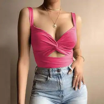 Walmart Hot Pink Crop Tops For Women's Summer Deep V Neck Vest Kink Elastic Lace Up Sleeveless Halter Top offer