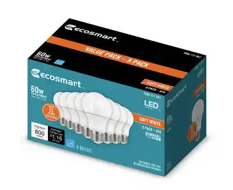 Walmart EcoSmart 60-Watt Equivalent A19 Dimmable LED Light Bulb Soft White (8-Pack) Model # 11A19060WESD081 offer