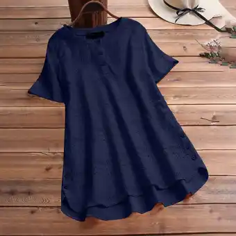 Walmart ITSAME Womens Plus Size Blouse, Short Sleeve Pleated Hem Bohemian Elegant Cotton Shirt Navy 3XL offer