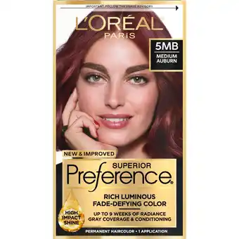 Walmart L'Oreal Paris Superior Preference Fade-Defying Permanent Hair Color, 5MB Medium Auburn, 1 kit offer