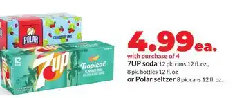 Hy-Vee 7UP soda 12 pk. cans 12 fl. oz., 8 pk. bottles 12 fl. oz or Polar seltzer 8 pk. cans 12 fl. oz offer