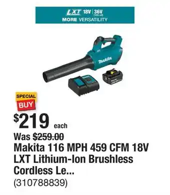 The Home Depot Makita 116 MPH 459 CFM 18V LXT Lithium-Ion Brushless Cordless Leaf Blower Kit offer