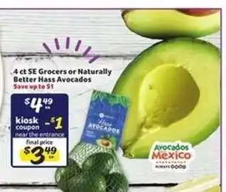 Winn Dixie 4 ct SE Grocers or Naturally Better Hass Avocados offer