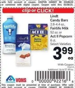 Albertsons Lindt Candy Bars 2.8-4.4 oz., Fairlife Milk 52 oz. or Act II Popcorn 6 ct. - Select Varieties offer