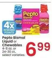 Albertsons Pepto Bismol Liquid or Chewables - 4-8 oz. or 24-30 ct., select varieties offer