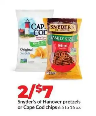 Hy-Vee Snyder's of Hanover pretzels or Cape Cod chips offer