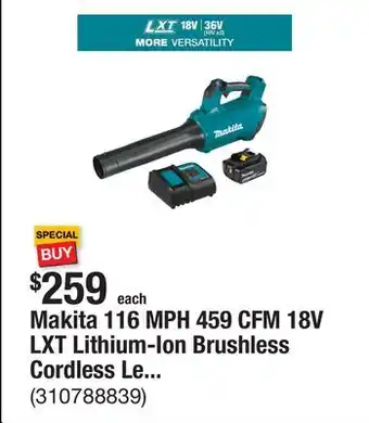 The Home Depot Makita 116 MPH 459 CFM 18V LXT Lithium-Ion Brushless Cordless Leaf Blower Kit offer