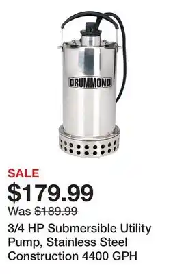 Harbor Freight Tools 3/4 HP Submersible Utility Pump, Stainless Steel Construction 4400 GPH offer