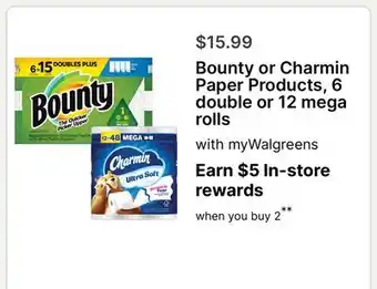 Walgreens Bounty or Charmin Paper Products 6 double or 12 mega rolls offer