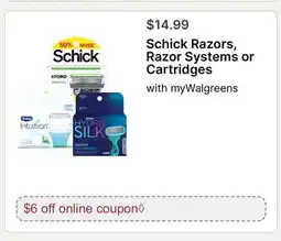 Walgreens Schick Razors, Razor Systems or Cartridges offer