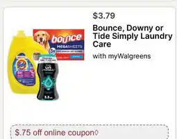 Walgreens Bounce, Downy or Tide Simply Laundry Care offer