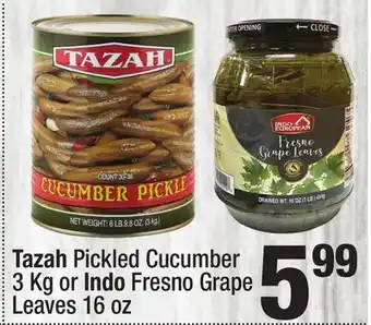 Super King Markets Tazah Pickled Cucumber 3 Kg or Indo Fresno Grape Leaves 16 oz offer
