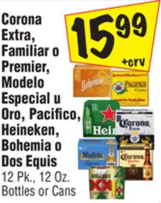 El Super Corona Extra, Familiar o Premier, Modelo Especial u Oro, Pacifico, Heineken, Bohemia o Dos Equis offer