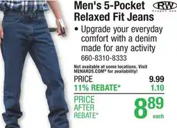 Menards RW Rugged Wear 32 x 30 Dark Wash Men's 5-Pocket Denim Jeans offer