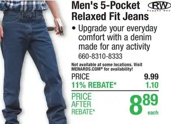 Menards RW Rugged Wear 32 x 30 Dark Wash Men's 5-Pocket Denim Jeans offer