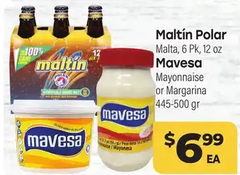 Tony’s Fresh Market Maltín Polar Malta 6 Pk, 12 oz, Mavesa Mayonnaise or Margarina 445-500 gr offer
