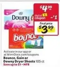 Winn Dixie Bounce, Gain, or Downy Dryer Sheets offer