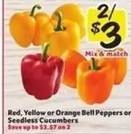 Winn Dixie Red, Yellow or Orange Bell Peppers or Seedless Cucumbers offer