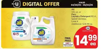 Albertsons All 141 oz. or Pacs Laundry Detergent 60 ct. - Select Varieties offer