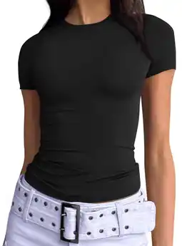 Walmart SUNBS Women's T Shirts Scoop Neck Short Sleeve Crop Tops Slim Fit Y2K Summer 2025 offer