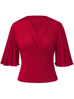 Walmart Chiclily Womens 3/4 Sleeve Wrap Blouse Red Small V Neck Dressy Casual Top Ruched T-Shirts offer