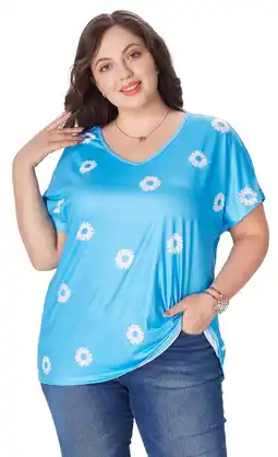 Walmart SOMER 2025 Women's Plus Size Top Flower Printed V Neck Short Sleeve Casual Plus Size Tops for Women offer