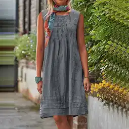Walmart Summer Savings LADIGASU Women's Round Neck Sleeveless Pleated Solid Color Linen Loose Fitting Dress offer
