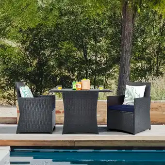 Walmart Gymax 3PCS Patio Wicker Bistro Set PE Rattan Dining Table Set w/ Navy Cushions offer