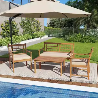 Walmart Costway 4 PCS Wood Patio Furniture Set with Soft Seat Cushions Solid Acacia Wood Frame Off White offer