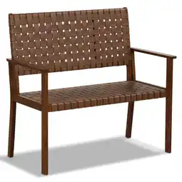 Walmart Costway Patio Loveseat All Weather Bench with Solid Rubber Wood Frame&Hand Woven PU Leather offer