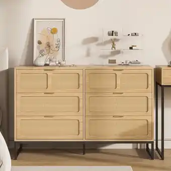 Walmart 6 Drawer Double Dresser, Rattan Chest of Drawers, Wood Storage Chest for Bedroom Living Room offer