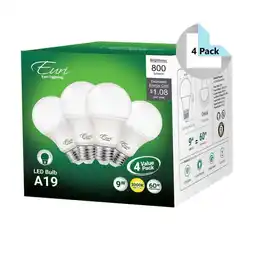 Walmart Euri A19 LED Bulb, 800 Lumens, 9 Watts, 3000K/Warm White, Replaces 40-60 Watt Bulbs, Case of 4 offer