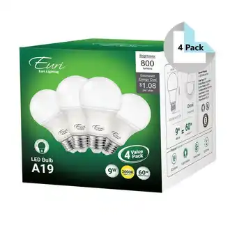 Walmart Euri A19 LED Bulb, 800 Lumens, 9 Watts, 3000K/Warm White, Replaces 40-60 Watt Bulbs, Case of 4 offer