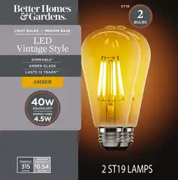 Walmart BH&G LED Vintage Bulb, 4.5-Watt (40W Equivalent) ST19 Filament Dimmable, E26 Base, Amber Glass, 2PK offer