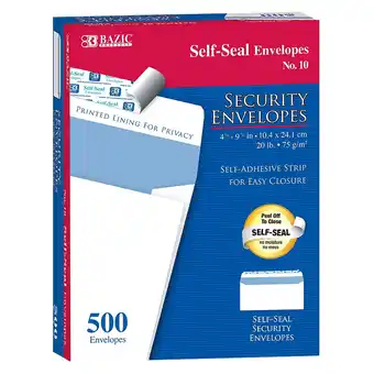 Walmart Bazic Self-Seal #10 Security Envelopes 4-1/8 x 9-1/2 White Pack of 500 (BAZ5064) offer