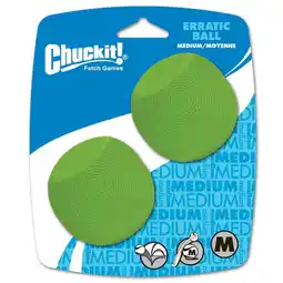 Walmart Chuckit! Erratic Rubber Ball Fetch Dog Toy, Medium (2.5) for Medium Dogs 20-60 lb, Pack of 2, Green offer