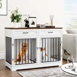 Walmart Homfa Dog Crate Furniture with 2 Drawers, 47.2 in Wooden Indoor Dog Cage Table with Divider,White offer