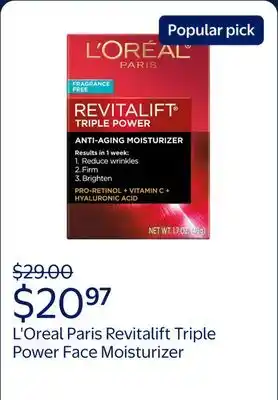 Walmart L'Oreal Paris Revitalift Triple Power Face Moisturizer, Unscented Cream offer