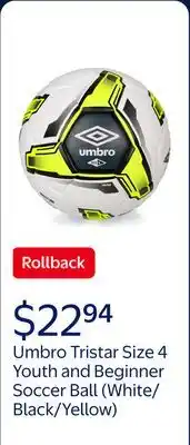 Walmart Umbro Tristar Size 4 Youth and Beginner Soccer Ball, White/Black/Yellow offer