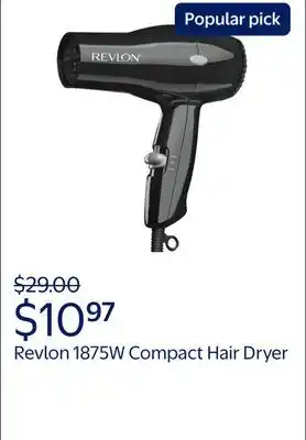 Walmart Revlon 1875W Compact Hair Dryer, Black offer