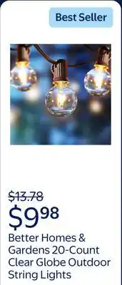 Walmart Better Homes & Gardens 20-Count Clear Glass Globe G40 Bulbs Outdoor String Lights offer